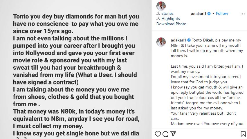Actress Ada Karl Drags Tonto Dikeh Over N80,000 Debt